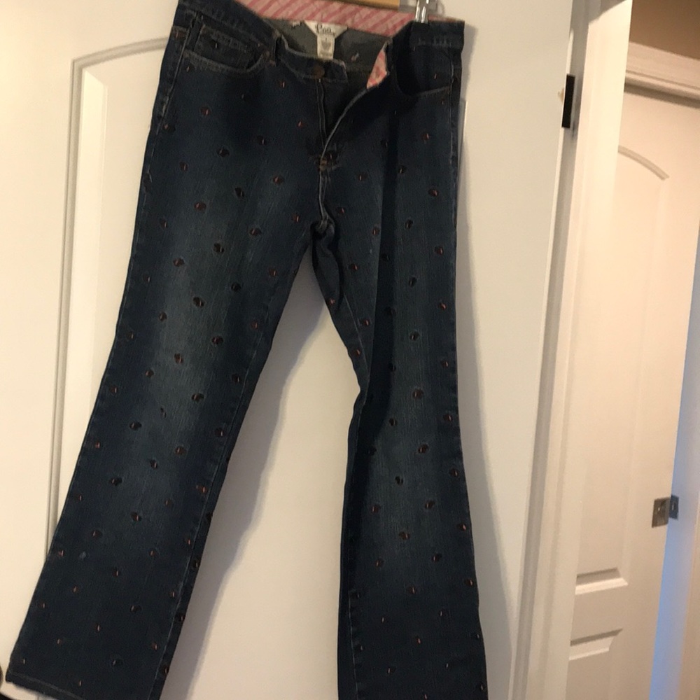 Lilly Pulitzer jeans with dog embroidery.